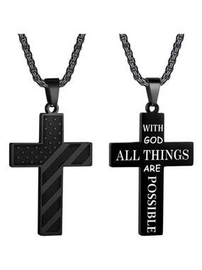 BLACK American Flag GOD Cross Necklace Men Stainless Steel Box Chain 22+2 inch